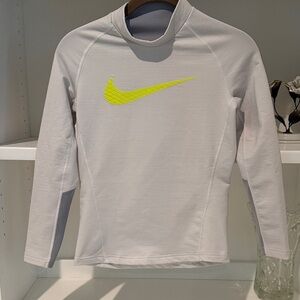 Nike White Long-Sleeve Crew with Neon Yellow Swoosh
